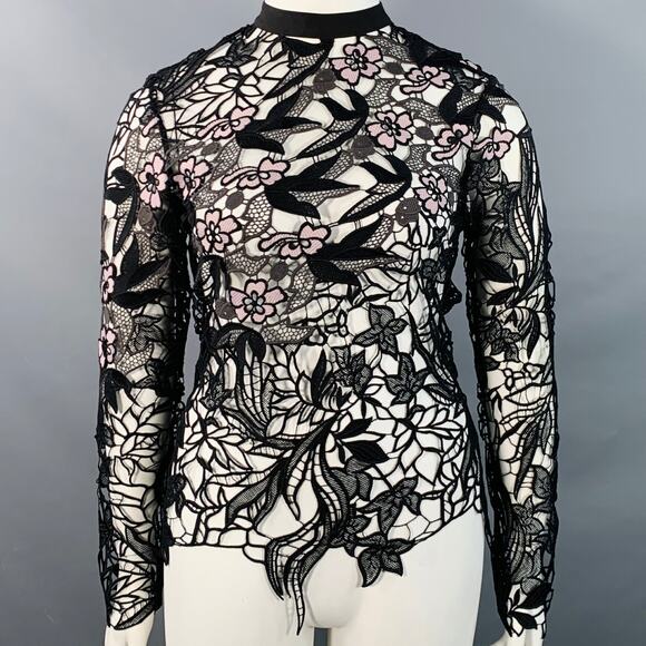 SELF-PORTRAIT Size 10 Black Pink Guipure Lace Floral See Through Dress Top - Picture 1 of 7